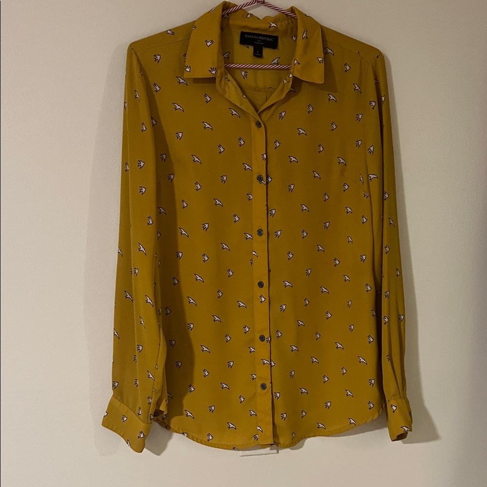 Yellow Button-Up Shirt with Bird Print
